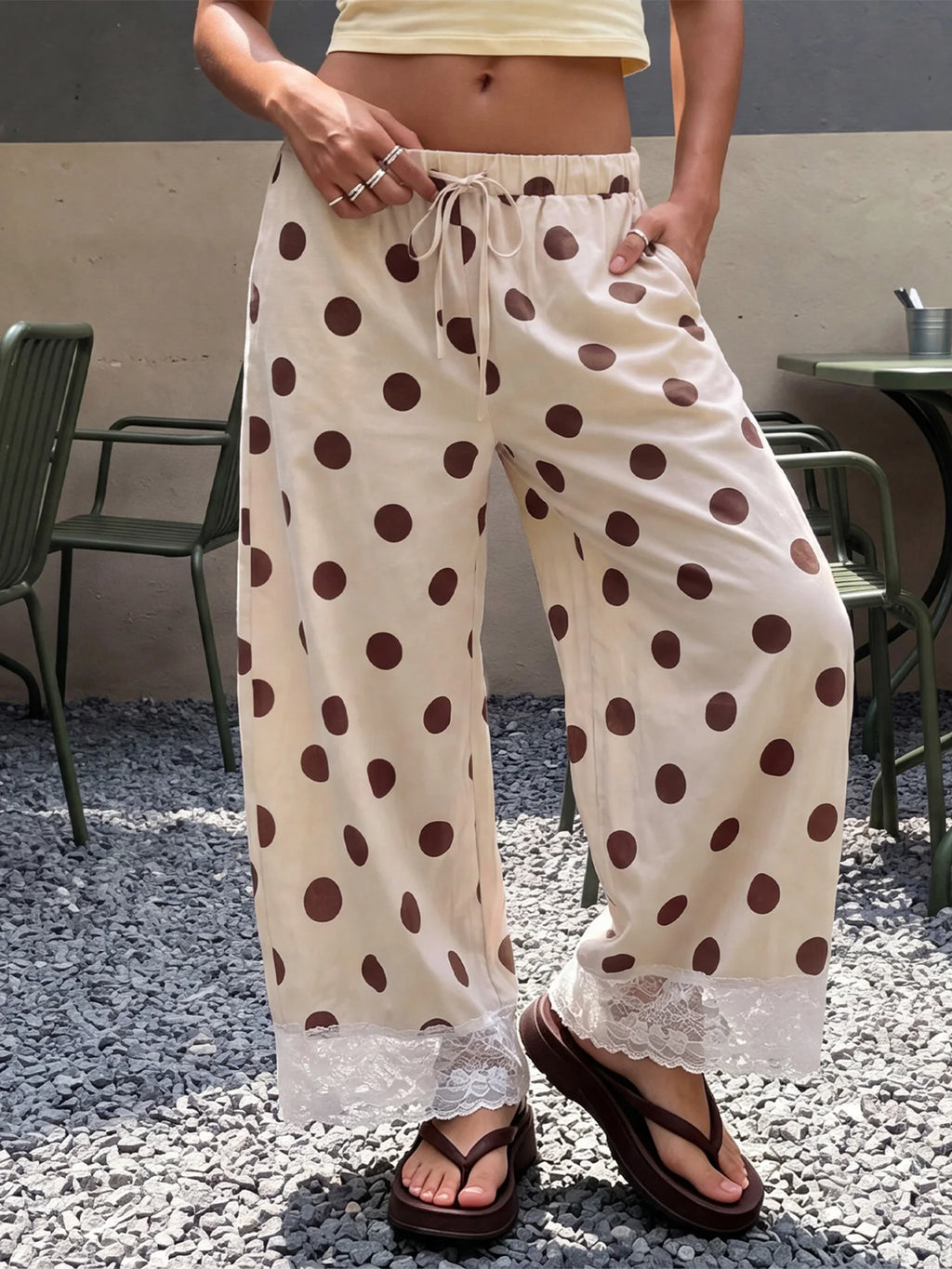 Women Y2K Retro Polka Dot Pants Lace Hem Elastic High Waist Drawstring Loose Fit Trousers Sweet French Style Vacation Bottoms