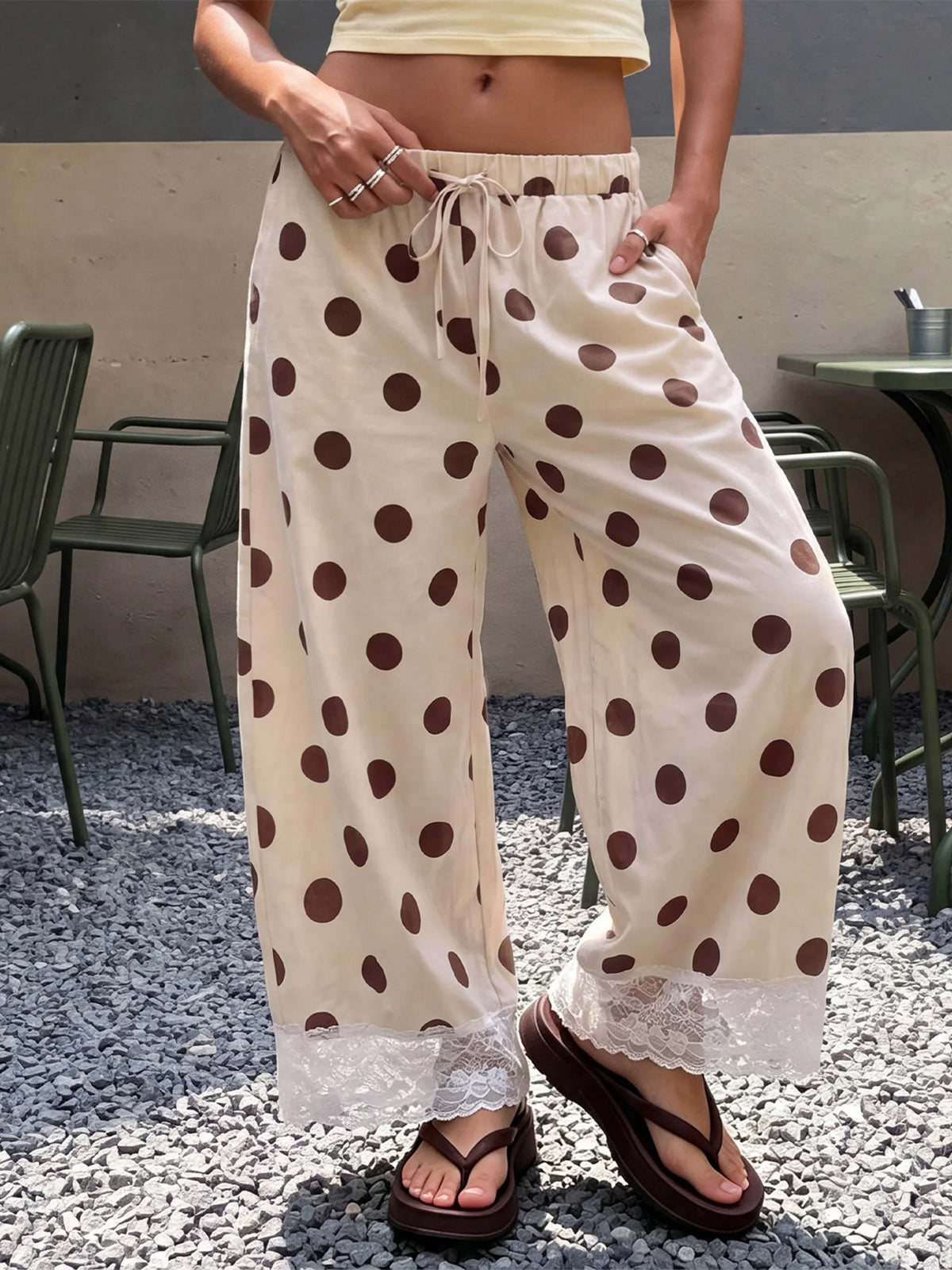 Women Y2K Retro Polka Dot Pants Lace Hem Elastic High Waist Drawstring Loose Fit Trousers Sweet French Style Vacation Bottoms
