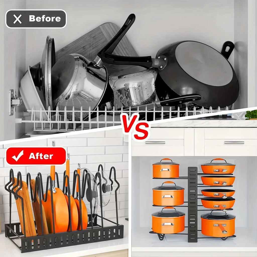 Space-Saving 8-Tier Pot Rack Organizer - Durable Metal Holder for Pans, Pots, and Lids to Keep Your Kitchen Neat and Tidy