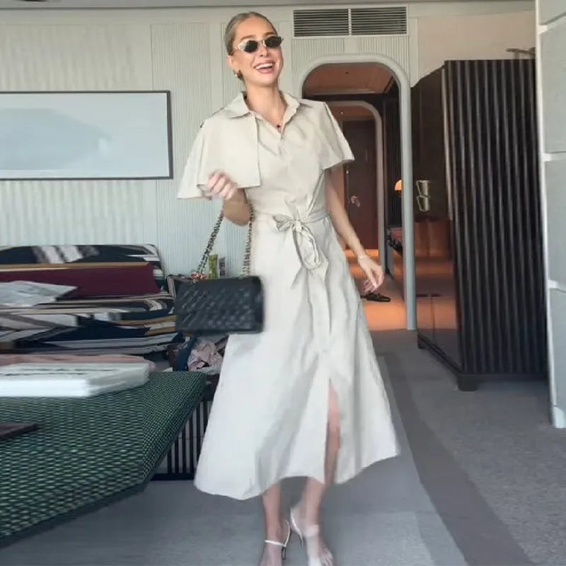 Women Trench Style Shirt Dress Solid Color Cape Sleeve Waist Belt Button Down Midi Skirt Casual Chic Daily Office Outfit New