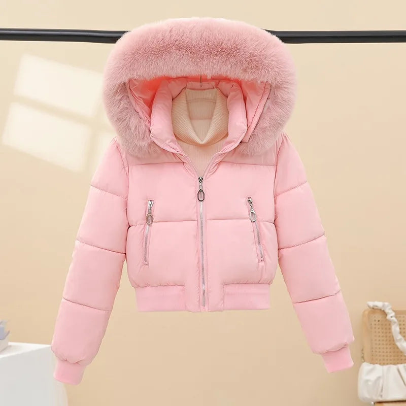 Winter Casual Versatile Cotton-Padded Jacket with Fur Collar Short Hooded Warm Coat New Style Women's Outdoor Puffer Jacket