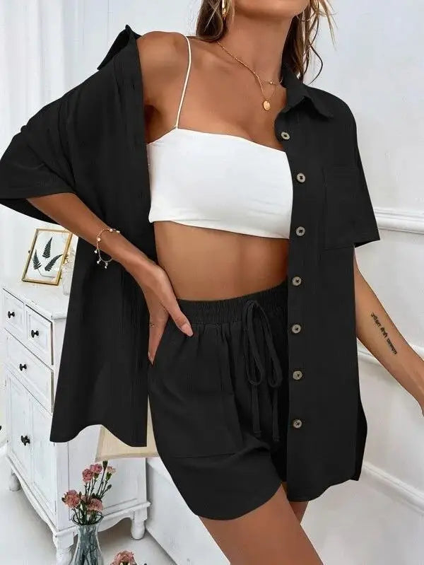 Solid Color Single Breasted Top Casual Loose Short Pants Sets Women Summer Women's 2 Pieces Suit Full Set Female Outfit Clothes