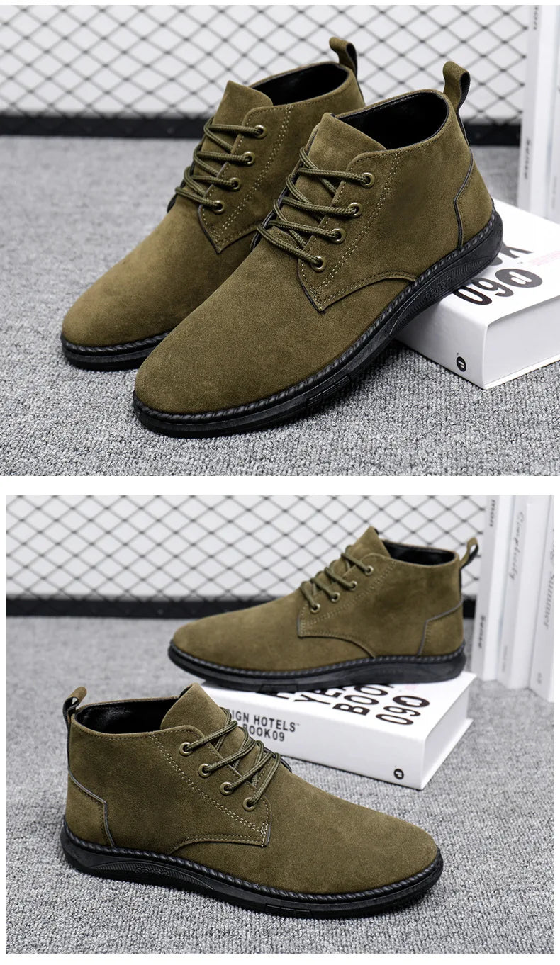 High Top Casual Grey Suede Shoes Men's Lace Up Black Flat Bottom Short Boots Men's Chelsea Boots High-quality Brand Denim Boots
