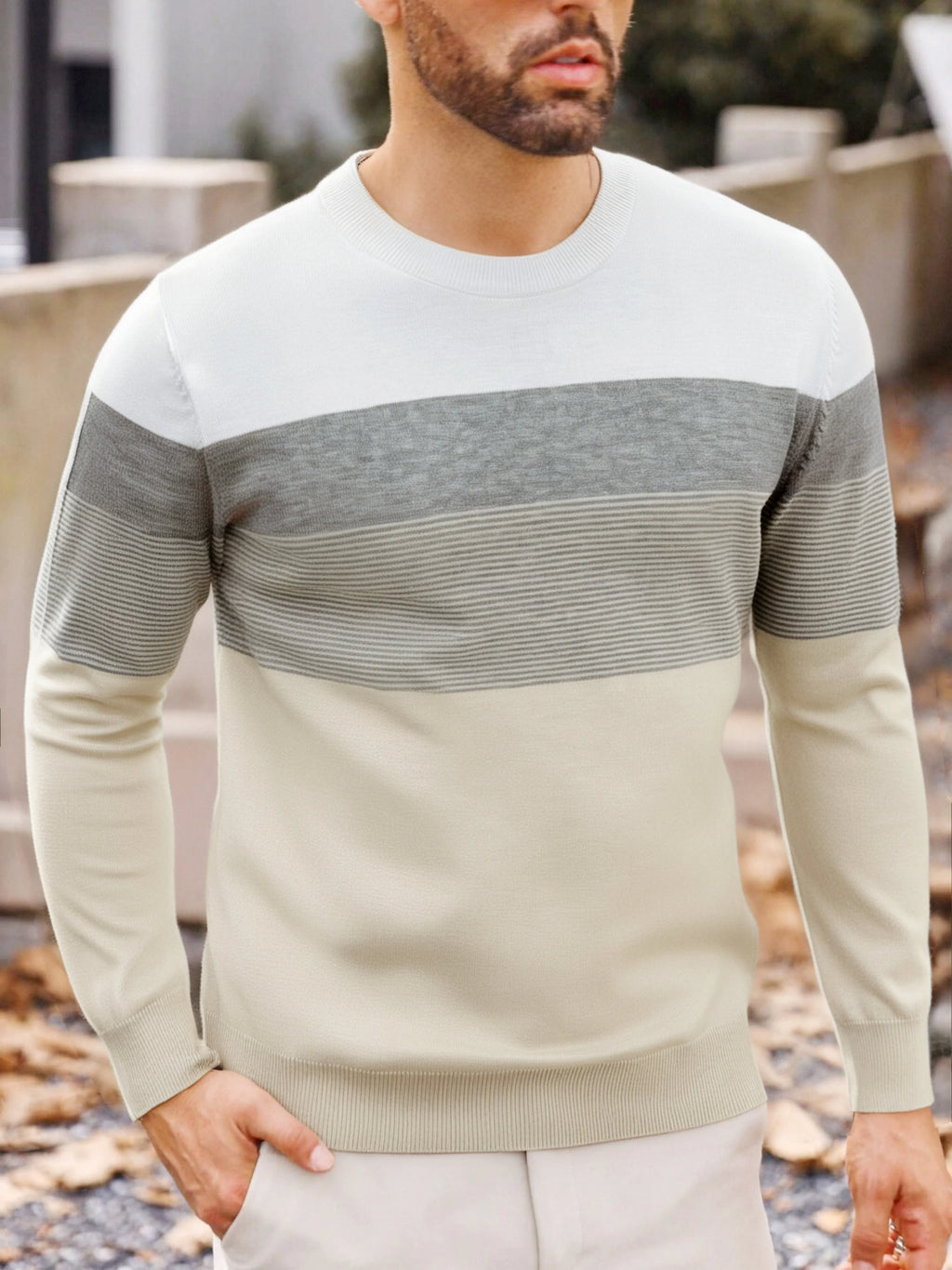 Men Spring Autumn Crew Neck Color Block Horizontal Striped Knit Sweater Long Sleeve Slim Casual Pullover Tops