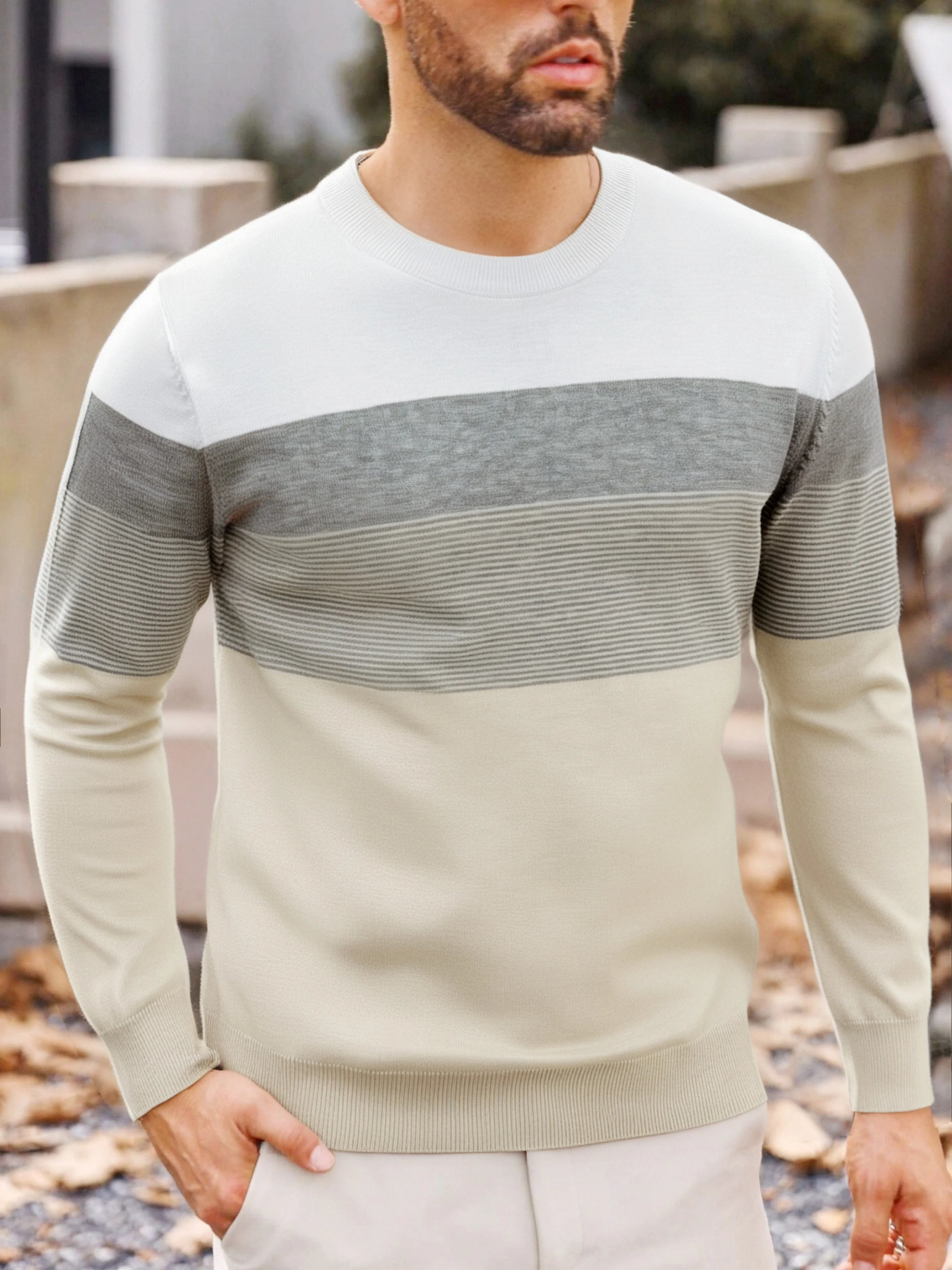 Men Spring Autumn Crew Neck Color Block Horizontal Striped Knit Sweater Long Sleeve Slim Casual Pullover Tops