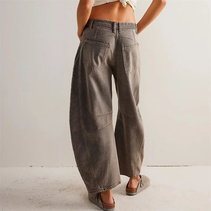 Women Vintage American Style Denim Jeans New Knee Splicing Design Straight Pants Female Commuter Casual Loose Mid Waist Trousers