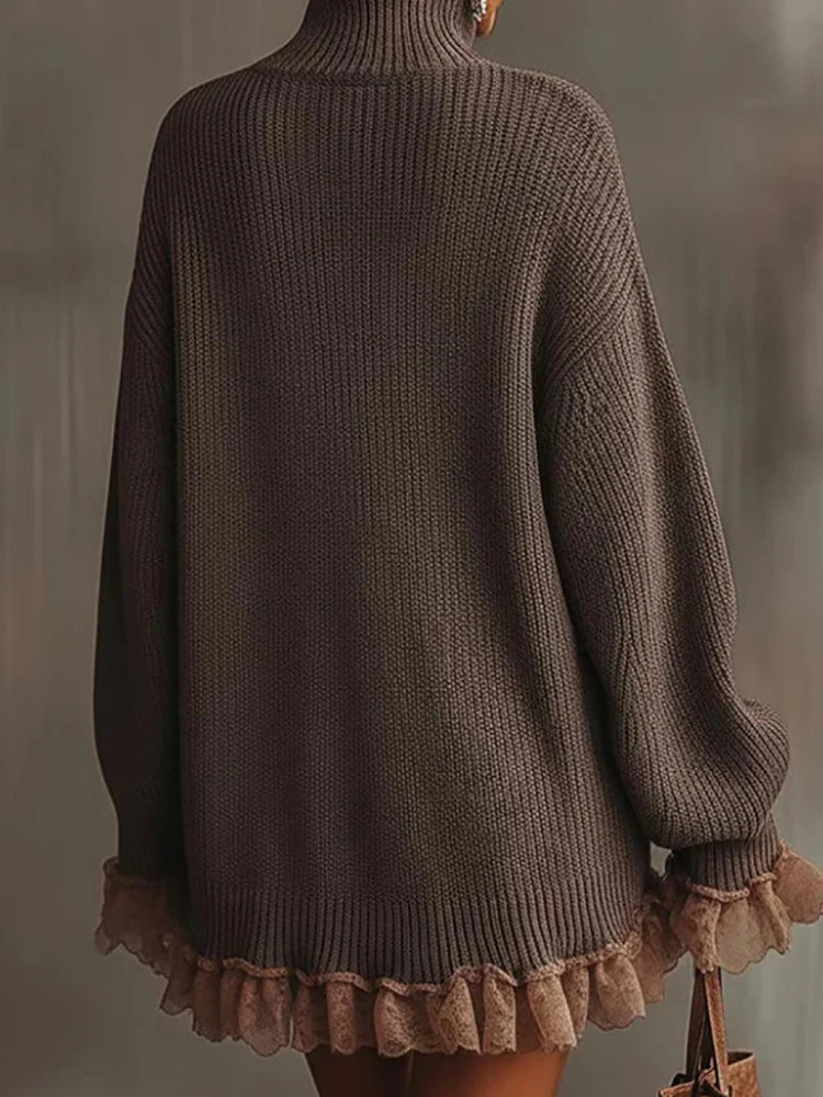 Autumn Winter Turtleneck Simple Sweater Dress, Women Holiday Casual Patchwork Mini Dress, Long Petal Sleeve Sweet Ladies Dress