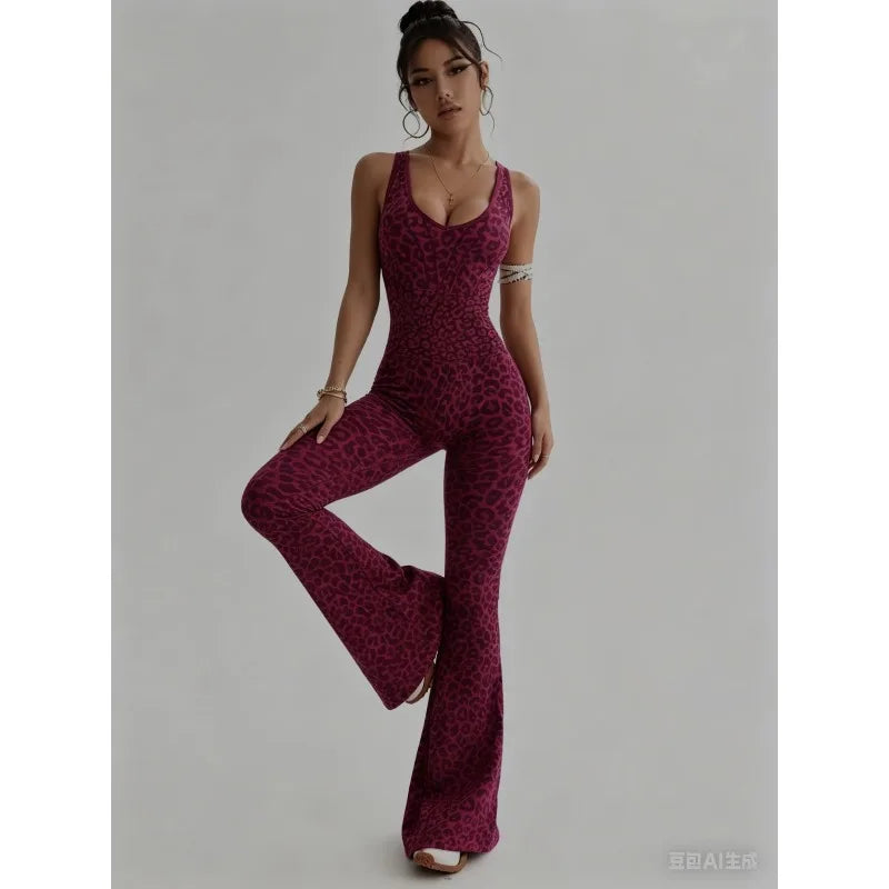 New Leopard Print Bodysuit Women Seamless Flared Pants Jumpsuits Sexy One-piece Fitness Suit Cross Back Stretchy Yoga Jumpsuits