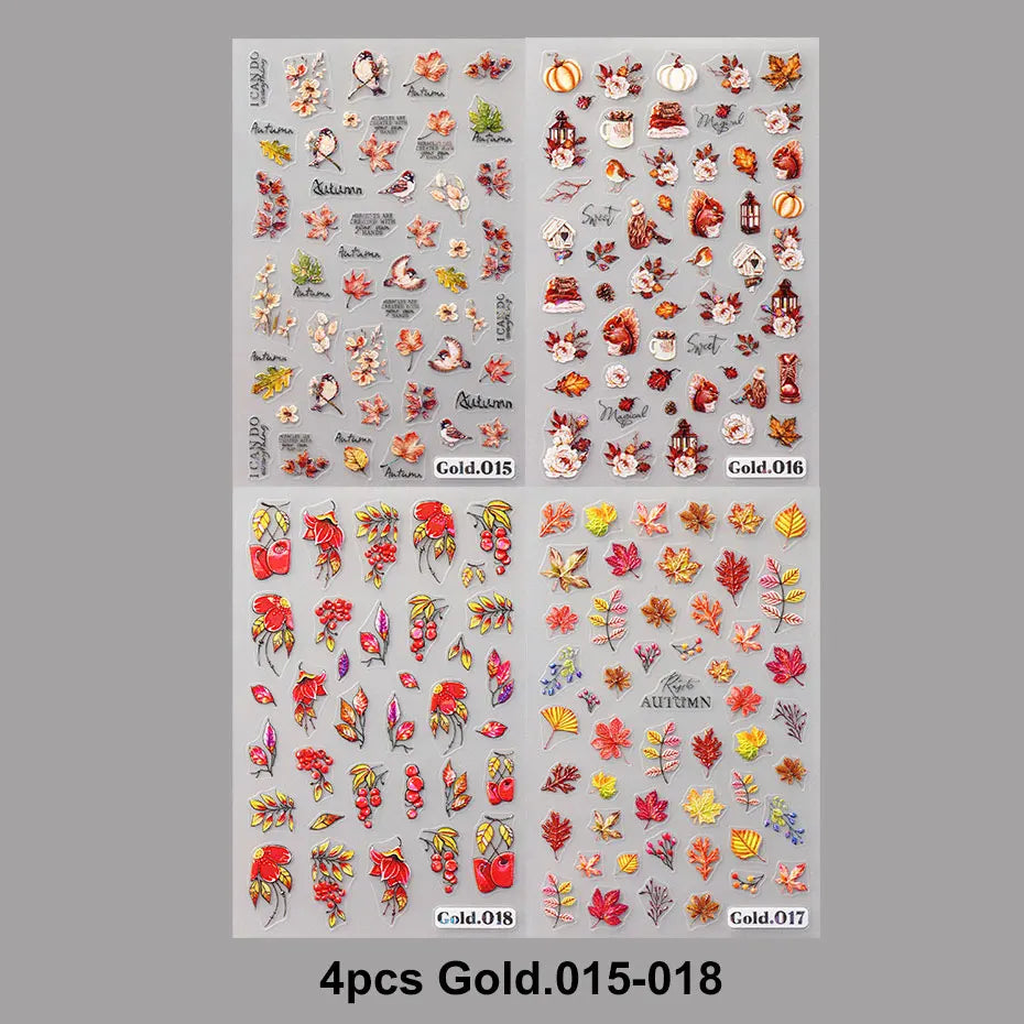 2/4pcs 5D Laser Autumn Bird Decals Fall Embossed Maple Leaves Squirrel Nail Sticker Fruits Flower Engraved Charm Manicure Decor