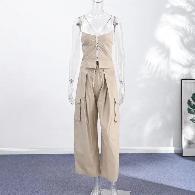 Women 2 Piece Pant Sets Women Khaki Spaghetti Strap Corset Cami Top Pocket Wide Leg Cargo Pants 2026 Matching Vacation Outfits