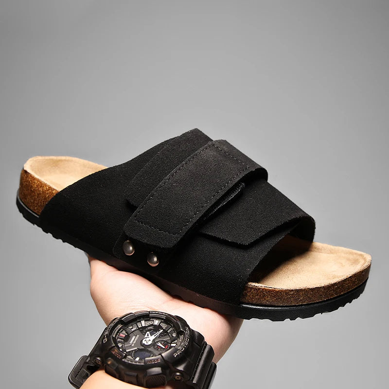 Men's Cork Slippers Suede Leather Clogs with Open Upper Comfort Footbed Adjustable Sandals Slides Indoor Home Shoes Women Couple