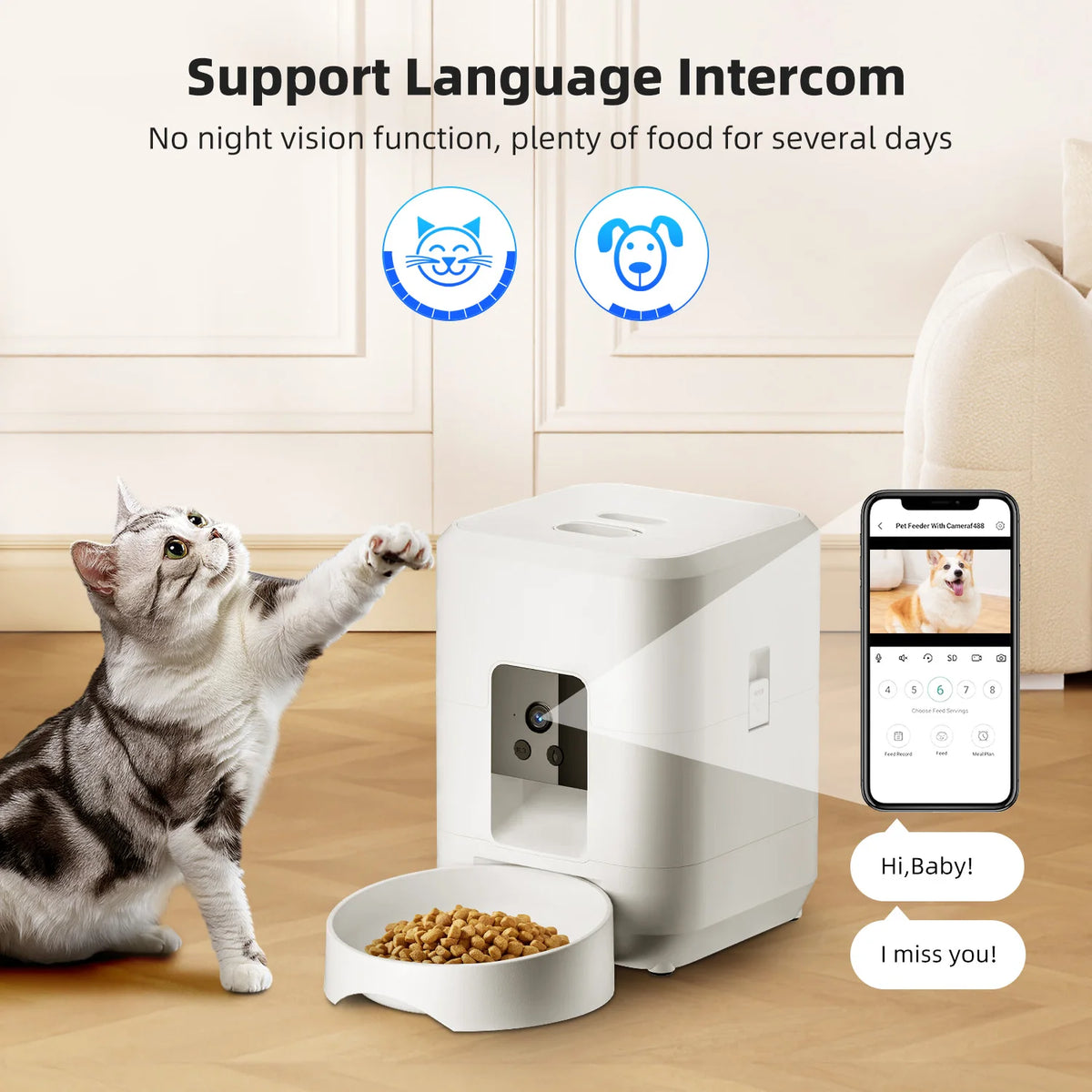 2L Automatic Pet Feeder Cat Smart Pet Feeder Wi-Fi & Camera Controlled Feeder Dog & Cat Food Dispenser Remote App (No 5V 2A Plug