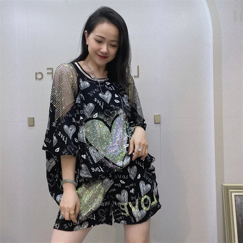 2pcs Plus Size Set For Women Spring Summer Chiffon Suit Hollow Out Shoulder Short Kit Matching Sports Wear