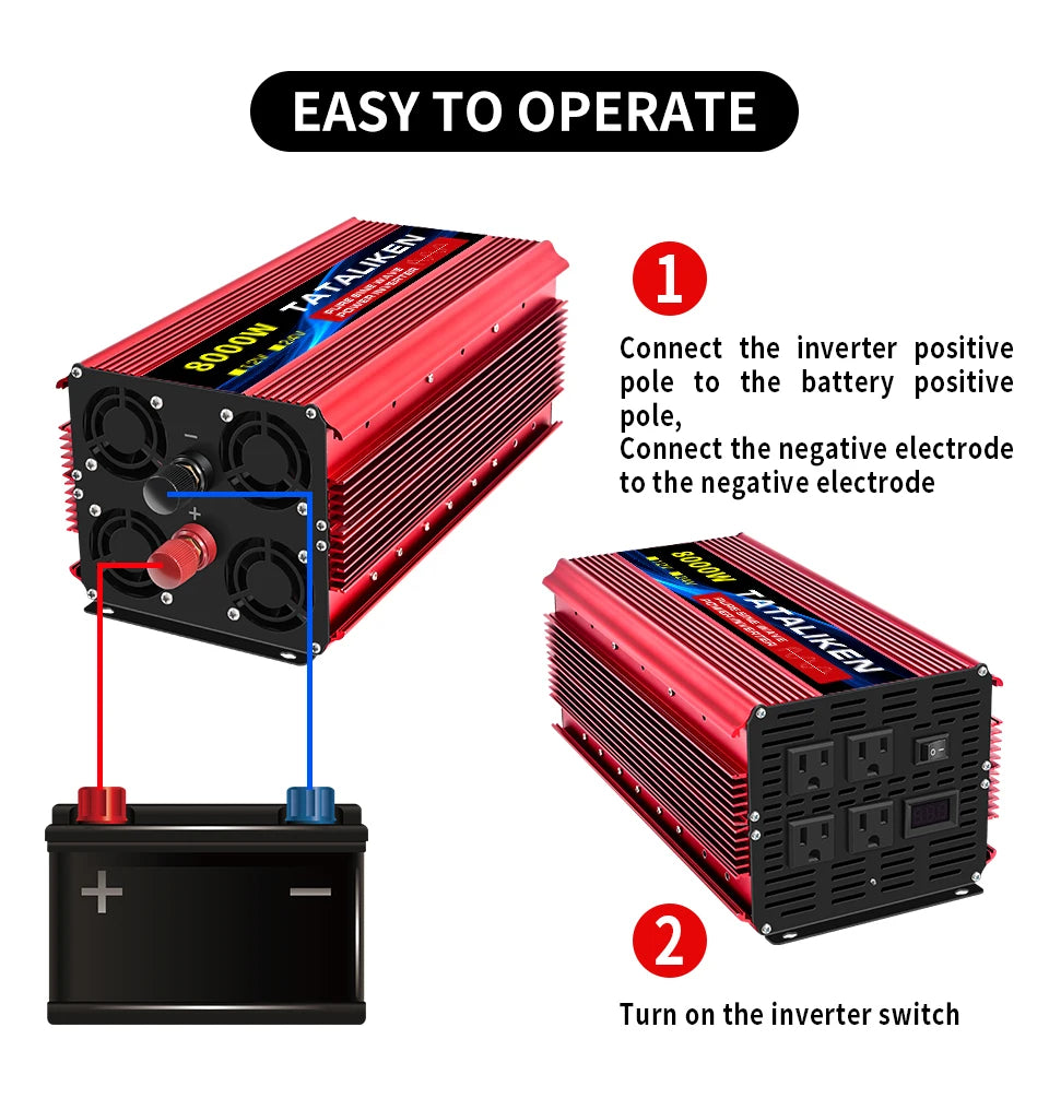 Power Inverter 10000W DC 12V to AC 110V 60HZ Pure Sine Wave Inverter with LCD Display Remote Control 4AC Outlets