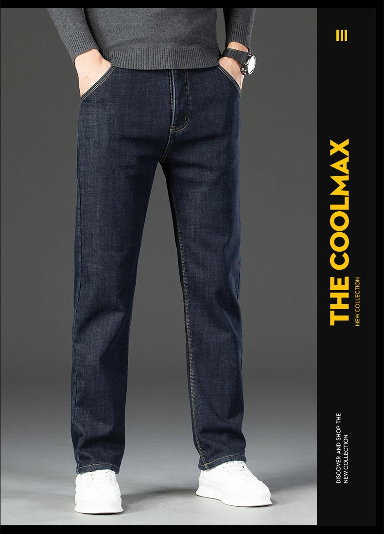 Men Winter Fleece Warm Jeans Brand 2024 Fashion Business Pants Retro Classic Denim Trousers Autumn Casual Stretch Slim Jeans Men