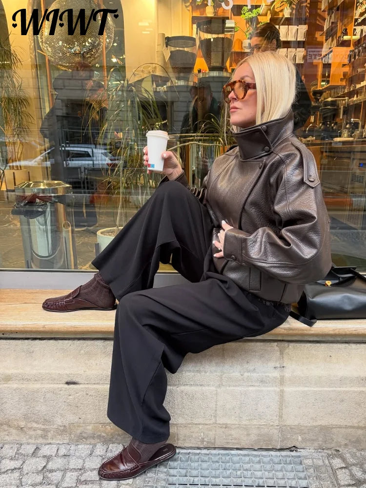 High Street Leather Jackets Women's Casual Double-breasted Turn Down Collar Loose Coats Elastic Waist 2026 Autumn New Outwear