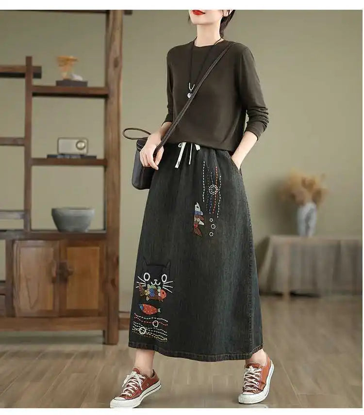2026 Women's Denim Skirts Retro Cartoon Animal Embroidery Casual Half Skirts Spring Summer High Waist Fashion Loose Midi Skirts