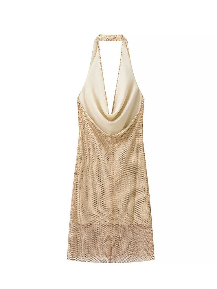HH Women Summer Fashion Dresses Solid Swinging Collar Sleeveless Rhinestone Decoration Backless Zipper Female Sexy Mini Dress