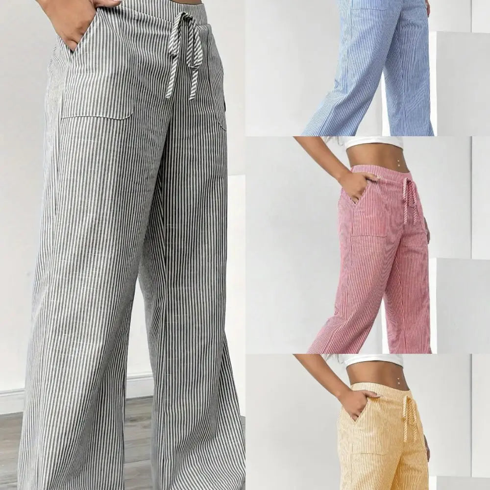 Autumn Women Striped Wide Leg Pants Casual Loose Fit Trousers Streetwear Trendy Fashion Comfortable Elastic Mid Waist Bottoms