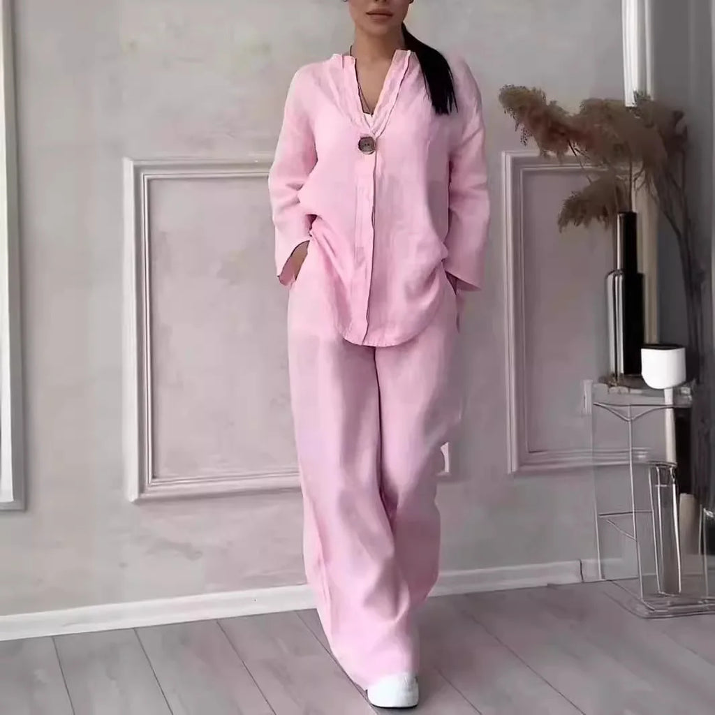 2026 New Europe USA Women's Comfortable Loose Top Wide Leg Pants Casual Cotton Linen Set