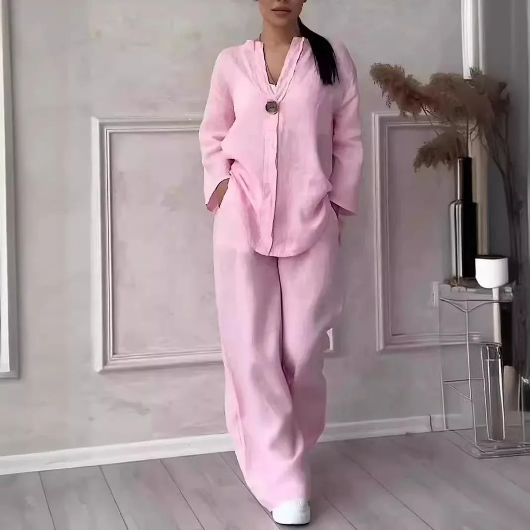 2026 New Europe USA Women's Comfortable Loose Top Wide Leg Pants Casual Cotton Linen Set