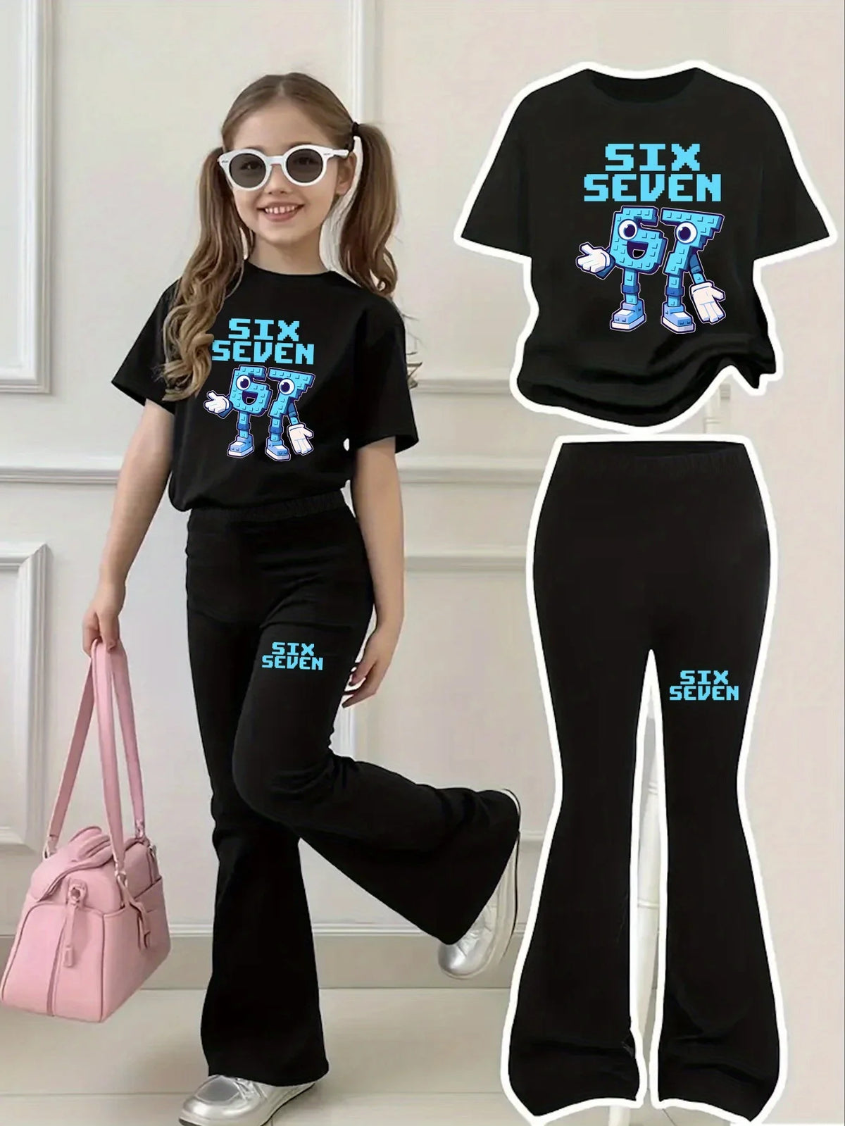 Trendy Building Block Style Cartoon Short-Sleeve Flared Pants Set for Girls Aged 4-12, Short-Sleeve Top + Long Pants, Blue Building Block Texture, “67” Cartoon Print Clothing, 2026 New Model