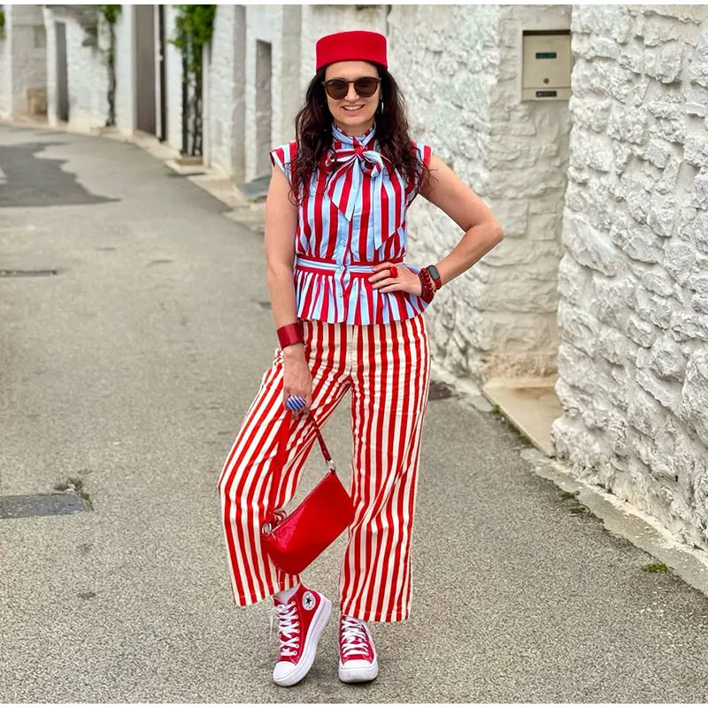 Striped Mandarin Collar Frog Button Ruffle Trim Top Striped Single‑breasted 2026 Summer Women Blouse Versatile Casual Lady Top