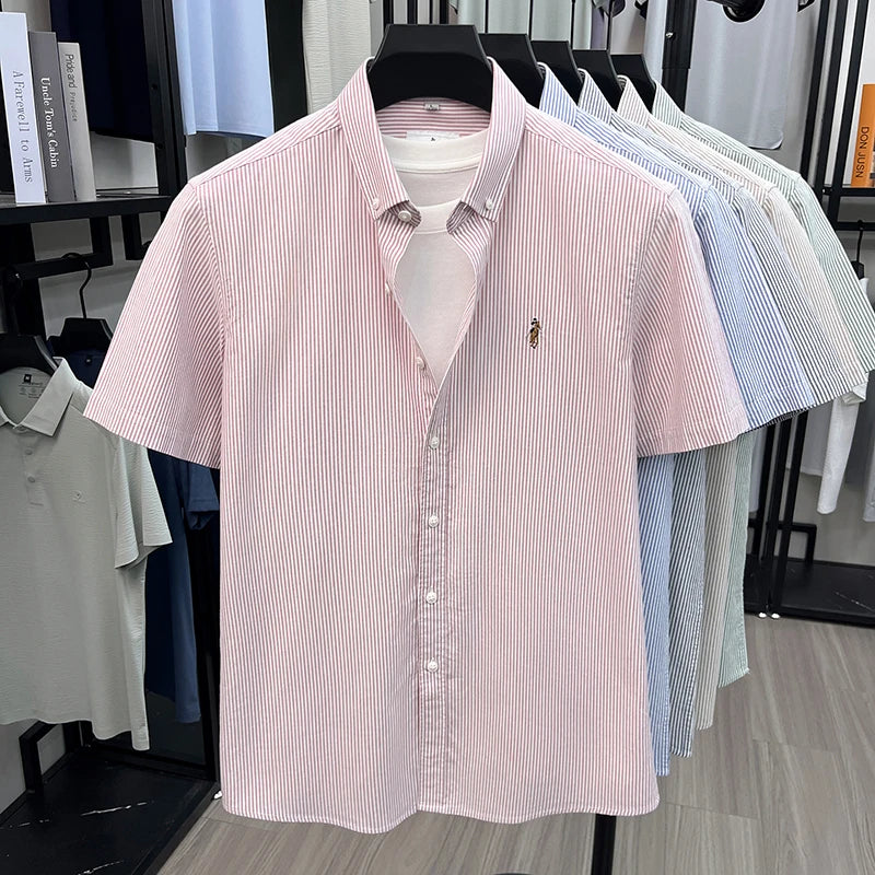 100% Pure Cotton Short Sleeved Shirt 2026 Summer New Men's Button Up Lapel Fine Stripe Middle-aged and Young Half Sleeved Shirt