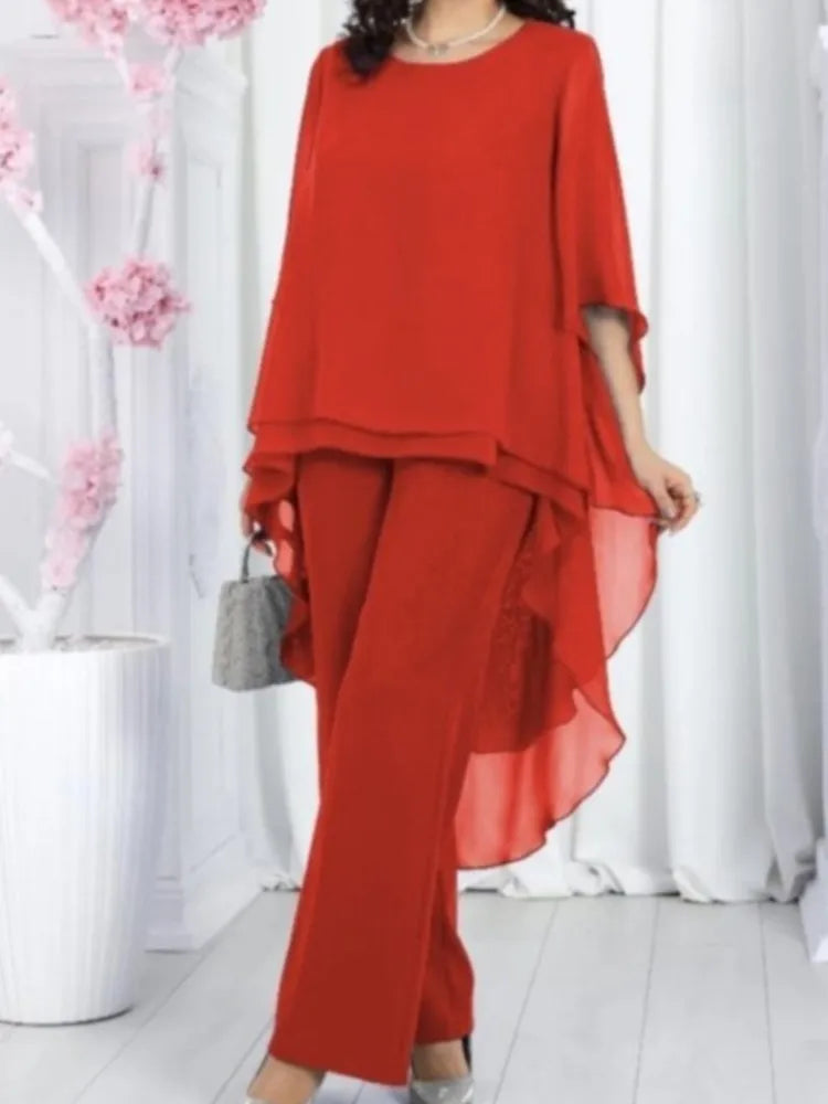 Women's Solid Chiffon Two Piece Sets Spring O-neck Mid-Sleeve Layered Ruffled Edges Long Top & Straight-leg Pants Sets Outfits
