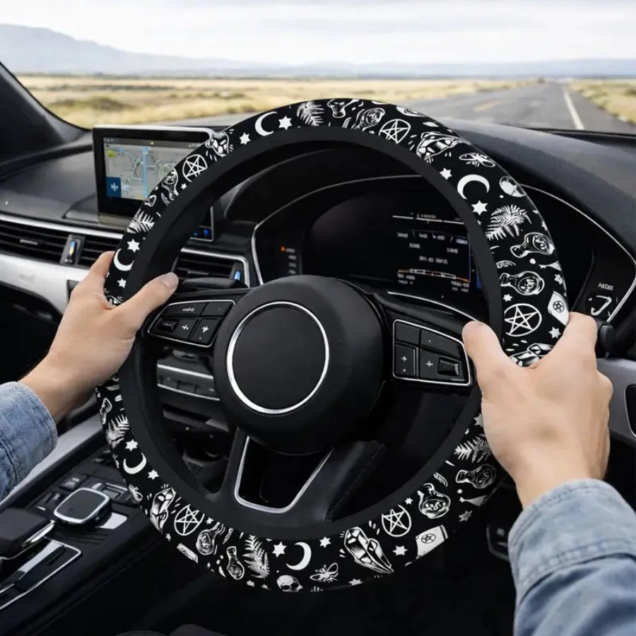 [Anti-Slip Car Protector] 15 Inch Universal Skull And Moon Steering Wheel Cover 1pc All-Season Anti-Slip Durable Car Protector,