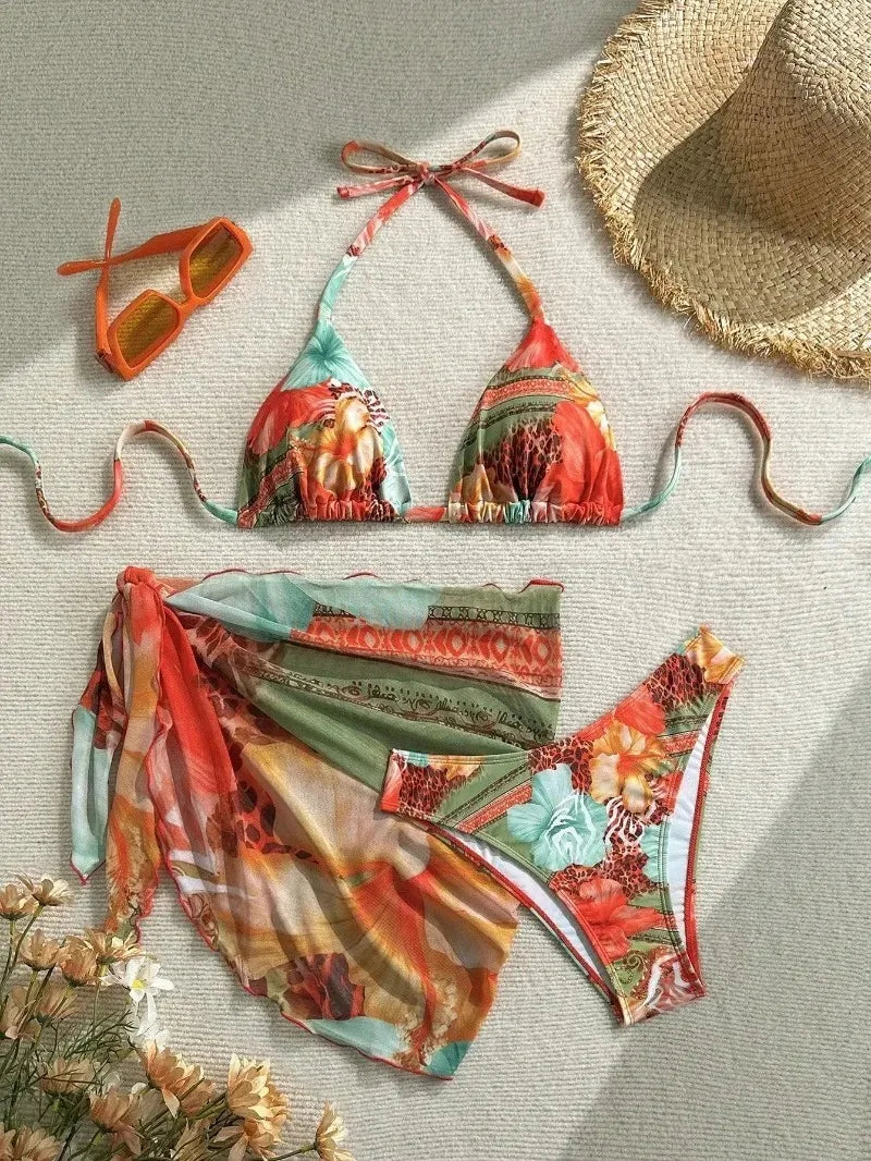 New Women's Retro Floral Print Apron Style Bikini Set 3 Piece High Waisted Tie Side Swimsuit Beach Vacation Swimsuit Biquine