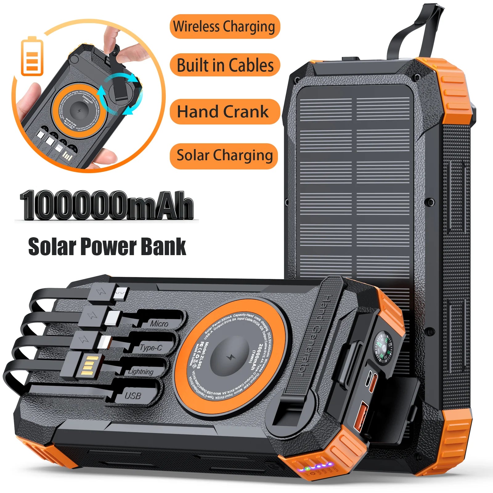 Solar Power Bank High Capacity, Wireless Charger with 4 Built-in Cables, Hand Crank Generator, LED Light for Outdoor Emergency