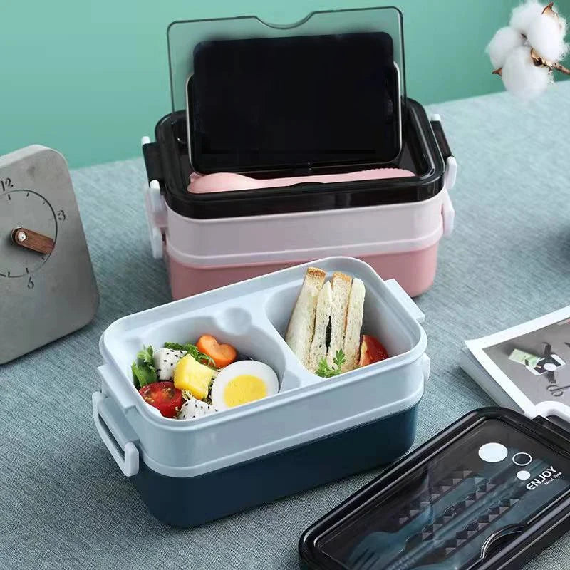 1Pc 1400ml Double-Layer Lunch Box, Portable Compartment Food Container, Microwave Safe with Fork, Chopsticks & Spoon for Picnic
