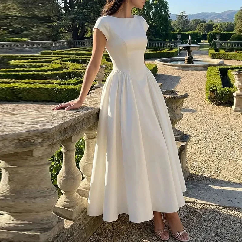 Chic Elegant Backless Slim A-Line Dress Trendy Solid Short Sleeved Splice Dress Temperament O-Neck High Waist Banquet Evening Dr