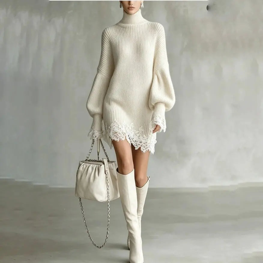 Elegant Lace Splice Loose Party Dress Fashion Turtleneck Hight Waist Knit Dress Fall Winter Casual Long Sleeve Solid Mini Dress