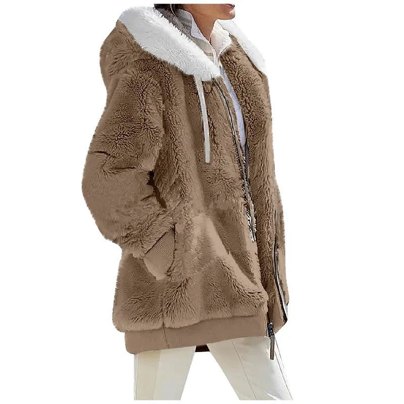 New Style Winter Fashion Women's Coat Casual Hooded Zipper Ladies Clothes Cashmere Women Fleece Jacket Solid Color Ladies Coats