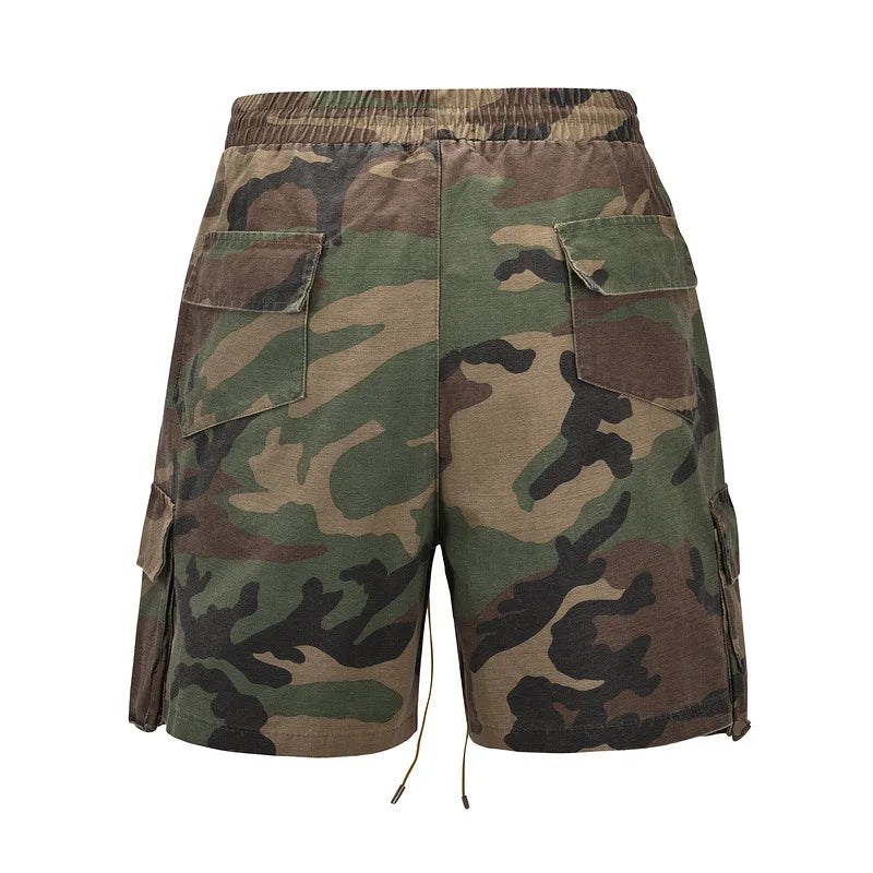 2025 New High Street Trend Drawstring Tie Waist Washed Vintage Casual Camouflage Multi Pocket Cargo Shorts