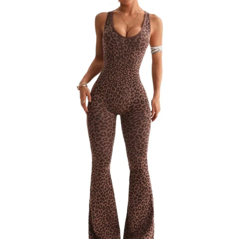 Women Leopard Print Cross Back Flared Jumpsuit Seamless Butt Lifting Yoga Bodysuit High Elastic Workout Fitness Sports Jumpsuit