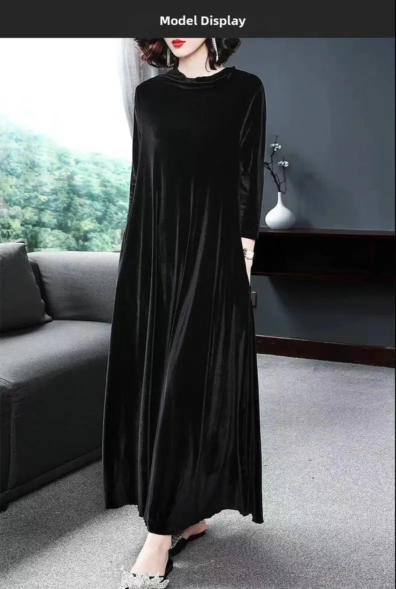Ele Velvet Long Sve Dr Faionable Autumn 2024 Women's Slimming Gown Princ Sve A-Line Midi Dr Pure Color