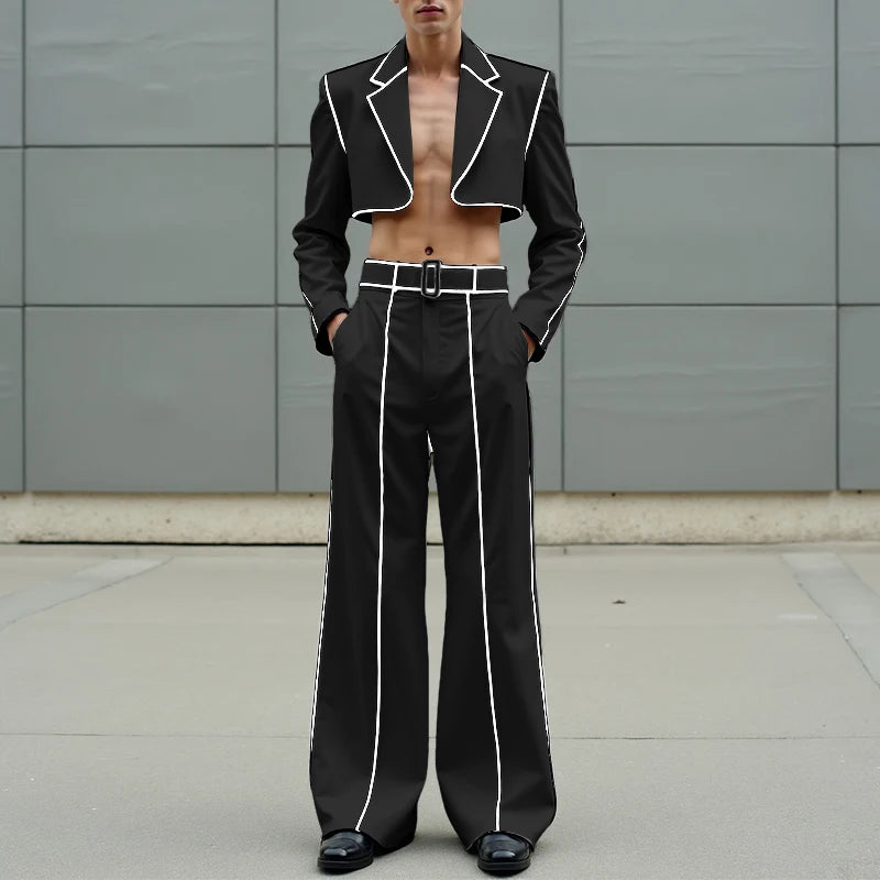 INCERUN Men Sets Patchwork Autumn 2025 Lapel Long Sleeve Crop Blazer & Pants Two Pieces Sets Streetwear Loose Fashion Men Suits