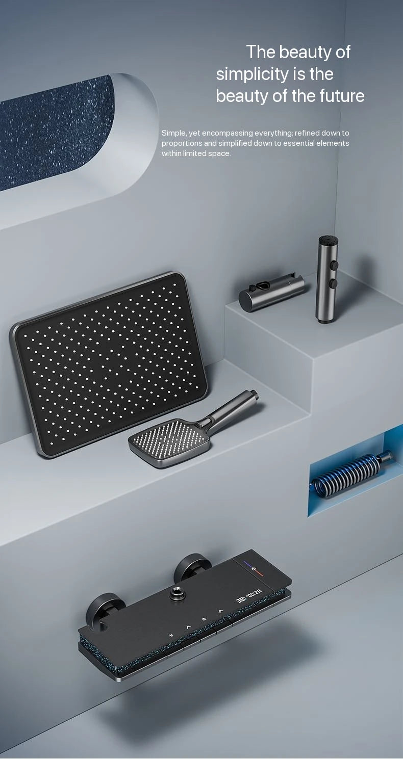 Gray Piano Button Ambient Light Bathroom Shower Full Set Digital Display Shower System Sets Rain Faucets Shower Head