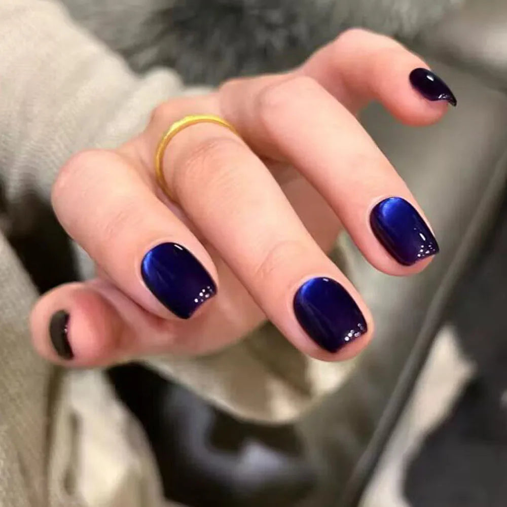 30pcs Deep Blue Cat Eye Gel Fake Nails XS/S/M Full Cover Square Short Shape Design False Nails Autumn Winter Blue Press On Nails