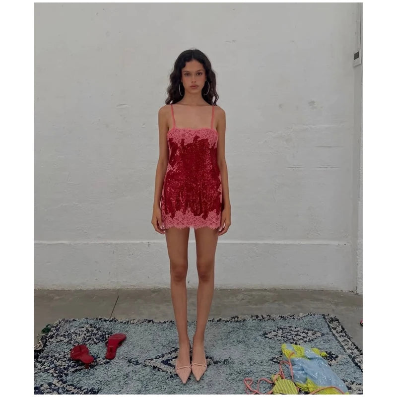 Sequin Lace Trim Patchwork Dress Women Chic Sleeveless High Waist Suspenders Sling Short Dresses 2026 Sexy Party Club Outfits