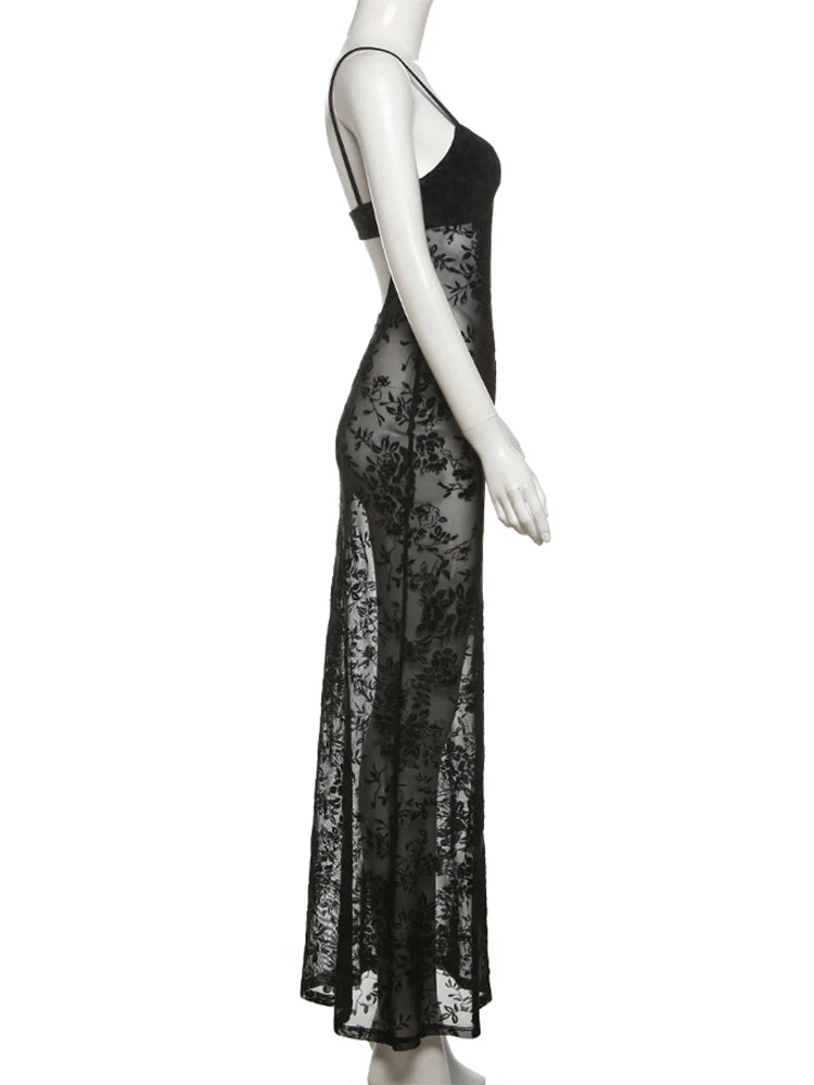 Weird Puss See Through Dress Women Backless Hollow Flower Print Patchwork Solid Sleeveless Sexy Midnight Clubwear Party Vestidos