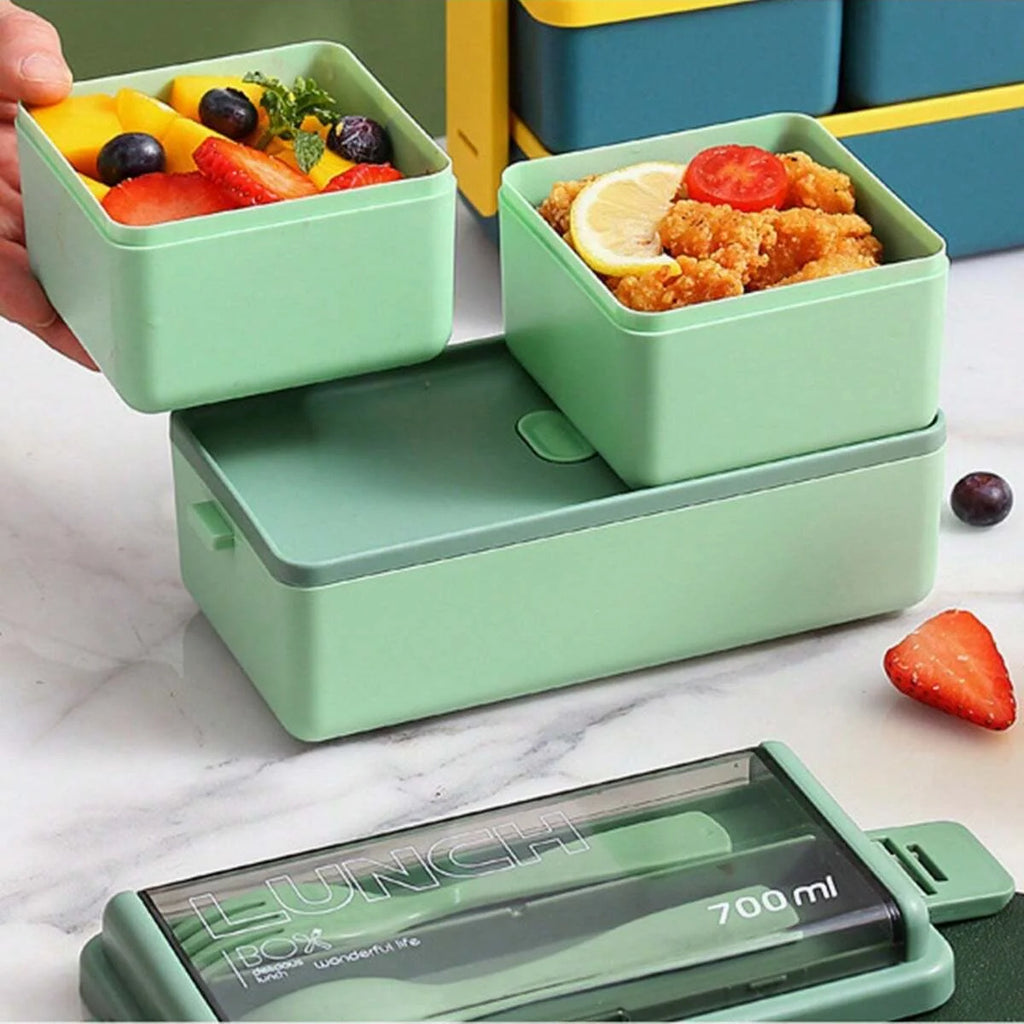 1Set Double Layer Portable Lunch Box For Kids With Fork and Spoon Microwave Bento Boxes Dinnerware Set Food Storage Container