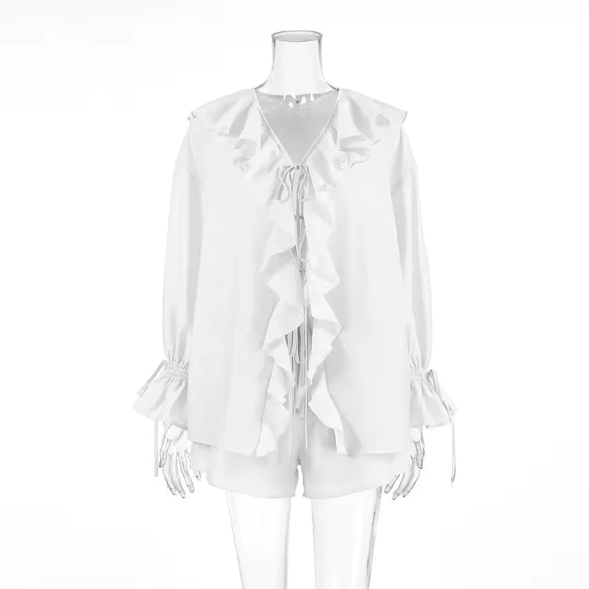 New Casual Shorts Two-piece Set For Women Ruffled Loose Lace-up Top Simple Shorts Suit Office Ladies Summer Women's Shorts Suit