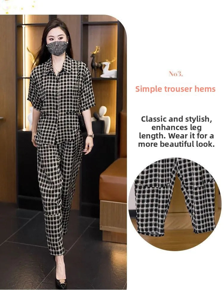 plus Size Casual Plaid Short Sleeve Women's Set Summer New Fashion Loose Shirt Two Piece Set High Waist Long Pants