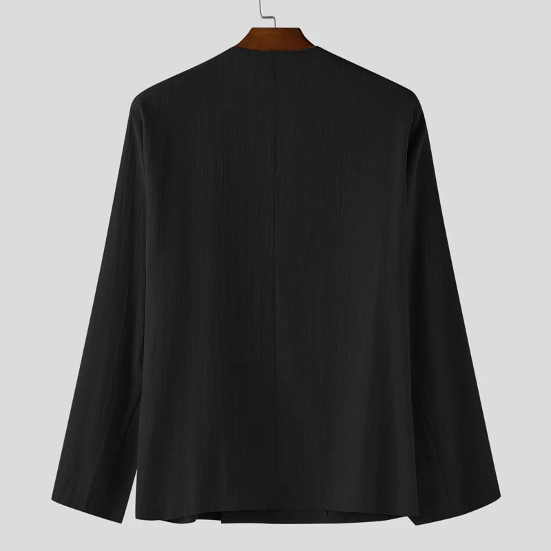 INCERUN Men Shirt Solid Color V Neck Long Sleeve One Button Male Shirts Streetwear 2025 Autumn Cotton Casual Men Clothing S-5XL