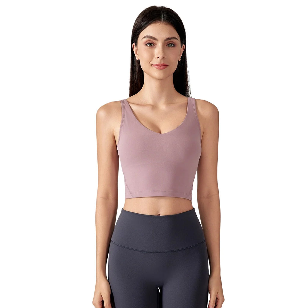 SHINBENE Women's V-neck Slimming Fitness Long-sleeve Padded Short-sleeve Sports Bra Yoga Bra Classic Athletic Tank Top