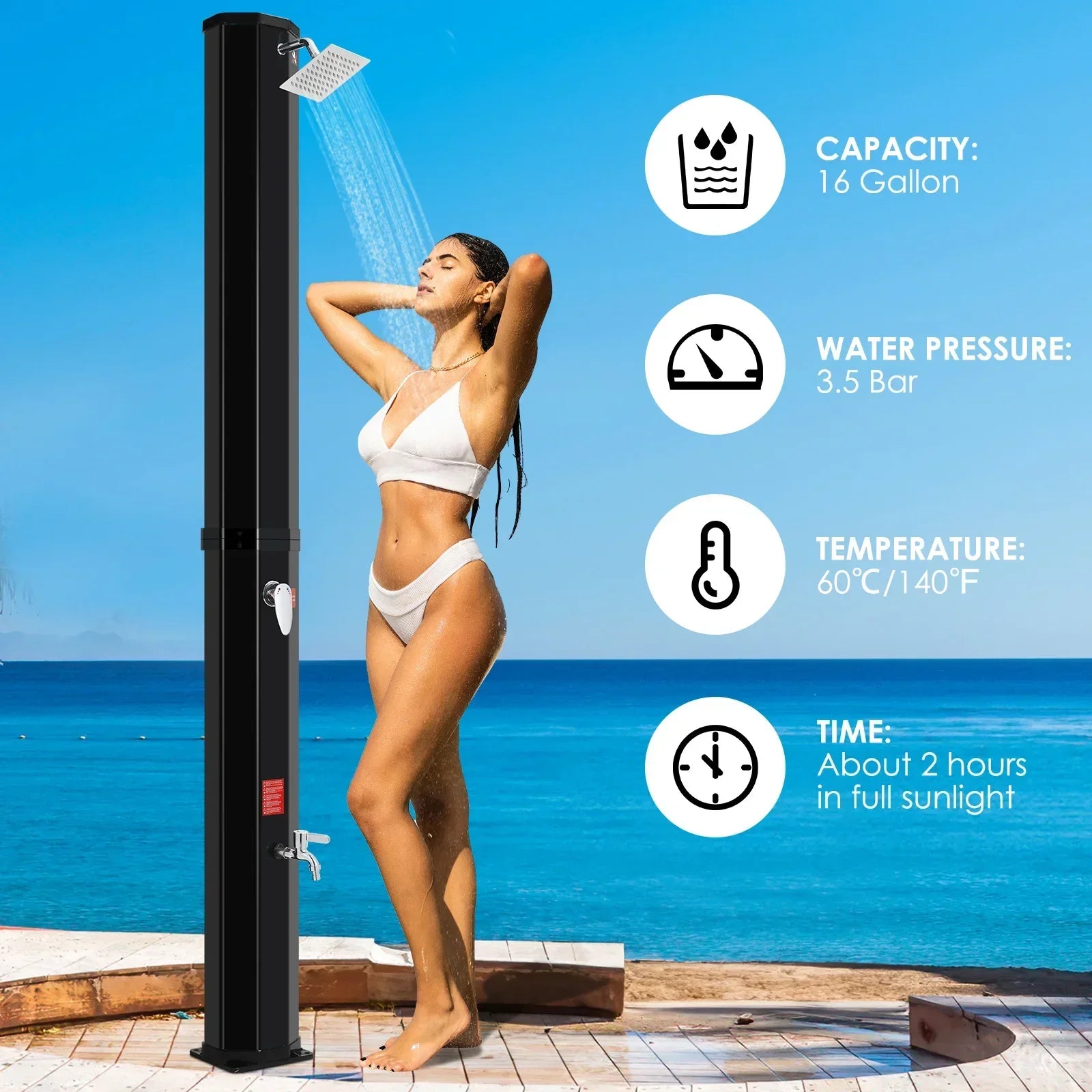 60L Freestanding Outdoor Solar Heated Shower,Outdoor Pool Showers for Outside,High 228cm Solar Shower Column 360° Swivel Shower